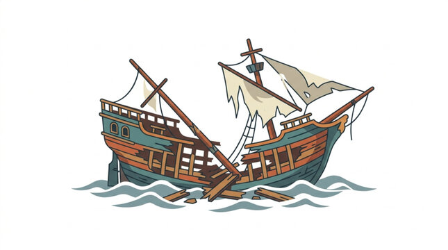 Broken old wooden sailing ship wrecked at sea.
