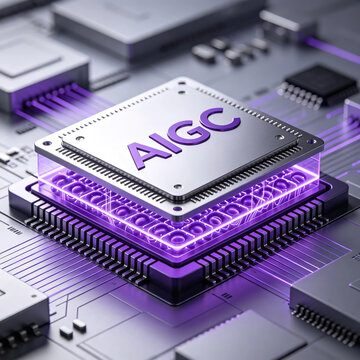 AIGC spintronics memory chip, the "AIGC" logo, close-up of a spin-transfer torque magnetic memory chip, visualization of its magnetic domain layered structure.