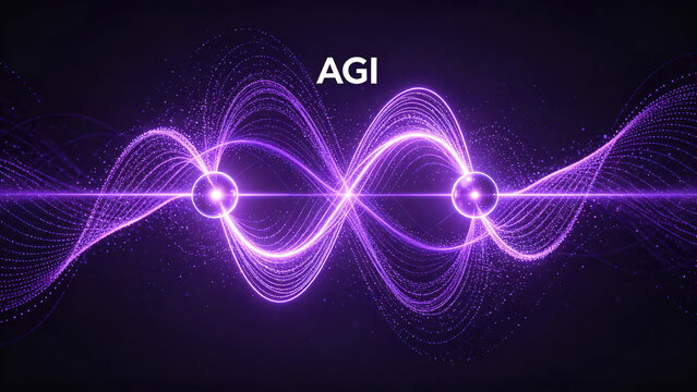 AGI quantum entanglement visualization: The text "AGI" shows two entangled quantum particles exhibiting a strange action-at-a-distance effect. The entangled photons possess correlated wave functions.