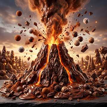 Erupting volcano with lava and debris.
