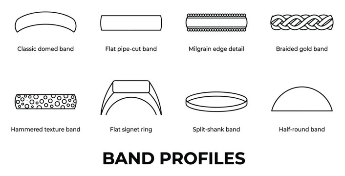Band profiles illustrated with names classic domed flat pipe milgrain braided hammered signet split.