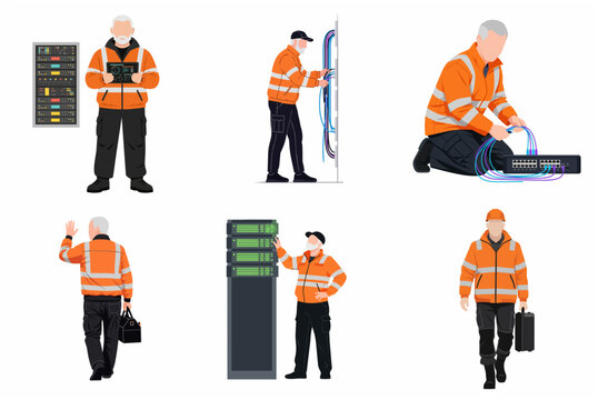 Data Center Network Engineer and IT Technician Set in High-Visibility Safety Gear for Server Maintenance and Infrastructure Support