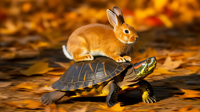 Rabbit sitting on turtle shell among autumn leaves