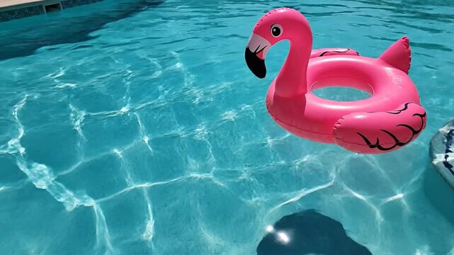 Inflatable pink flamingo float floating on crystal clear blue swimming pool water in the bright sunlight