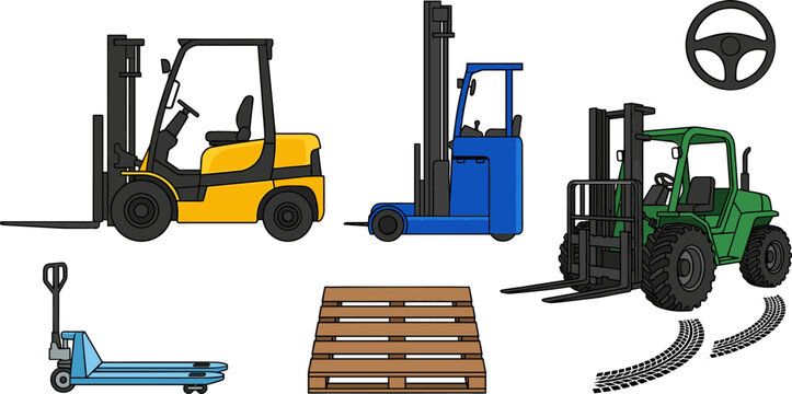 Industrial Warehouse Forklift Vector Machinery Set Featuring Yellow Counterbalance Lift Blue Reach Truck Green Rough Terrain Telehandler Wooden Pallet and Jack