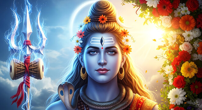 Divine lord shiva with trishul and damru amidst vibrant floral background