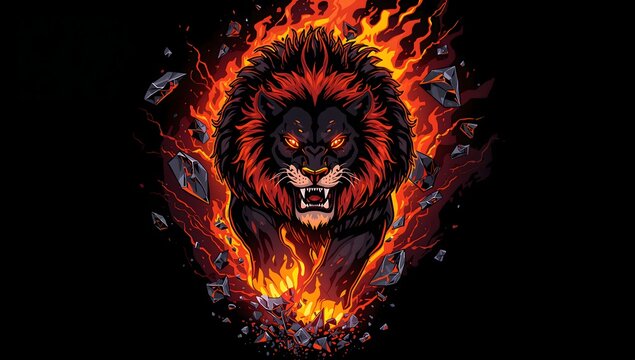 Mythical Fire Lion Vector Artwork on Dark Background