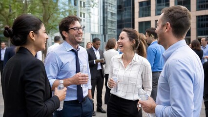 Fototapeta premium Diverse Business People Laughing and Networking Outdoors in City Plaza