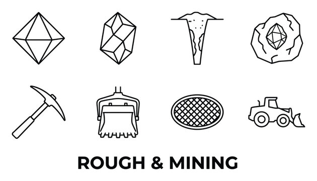 Collection of black line art icons depicting mining tools and precious stones.