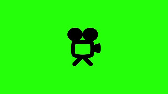 4K horizontal layout featuring a vintage cinema film camera with twin classic magazine reels bouncing. Retro movie production industry icon perfect for broadcasting history storytelling media.