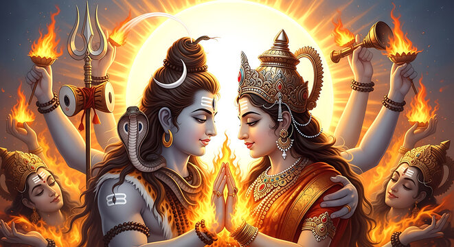 Divine union of lord shiva and goddess parvati in radiant celestial fire
