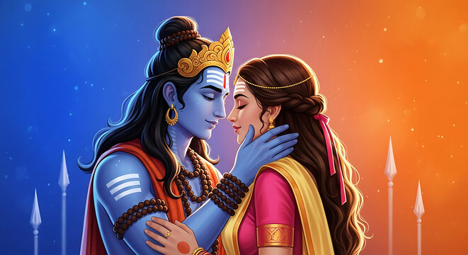 Divine union of lord shiva and goddess parvati in artistic illustration