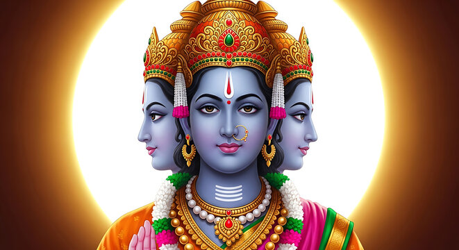 Divine hindu deity with three faces and ornate jewelry