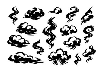Obraz premium Variety of hand-drawn smoke, steam, and cloud effects vector set. Dynamic graphic elements for digital design projects