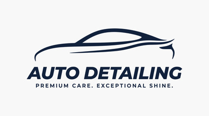 Sleek auto detailing logo with premium care and exceptional shine slogan.