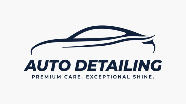 Sleek auto detailing logo with premium care and exceptional shine slogan.