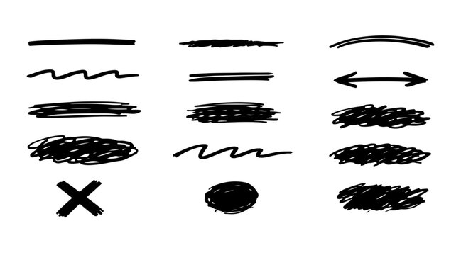 Collection of hand-drawn doodle elements, including lines, scribbles, crosses, and circles