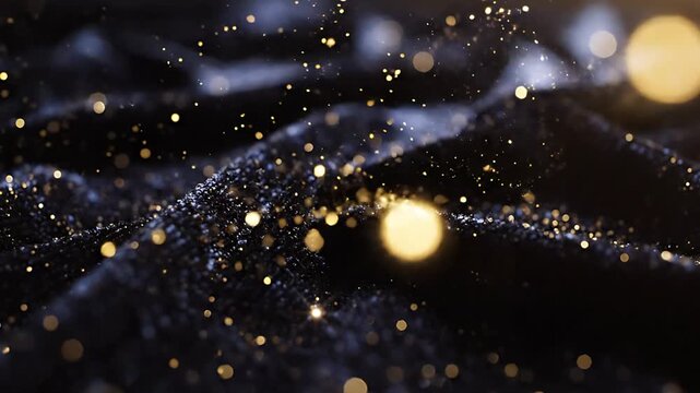 Black velvet glitter background with golden bokeh lights