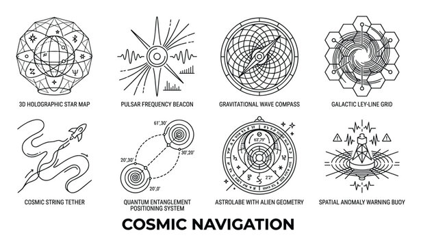 Cosmic navigation tools like holographic star maps and pulsar beacons for space exploration.