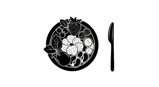 Black and white silhouette illustration of a fruit bowl with strawberry, sliced bananas, berries, and peach halves on a plate next to a knife, isolated on a plain white background.