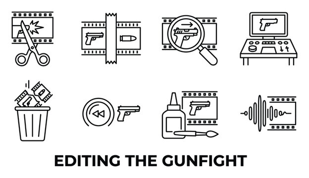 Editing gunfight line art icons for film post-production and sequence assembly.