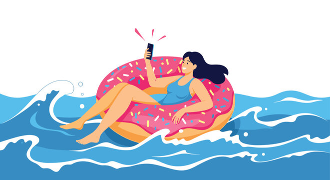 Happy woman relaxing on a pink donut pool float in the middle of ocean waves while using her smartphone for a summer vacation.