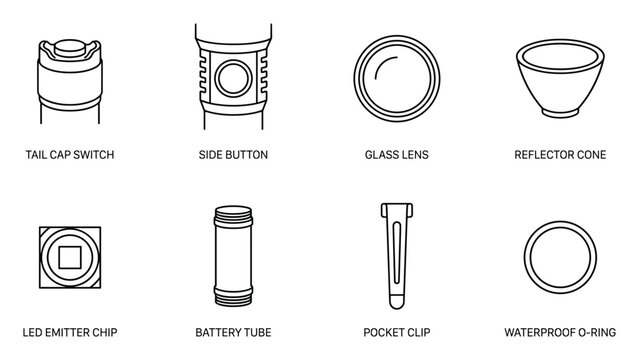 Flashlight parts outline icons for lighting technology and electronic device manufacturing concept.