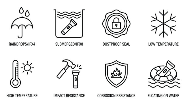 Flashlight performance icons demonstrating waterproof impact resistance low high temperature.