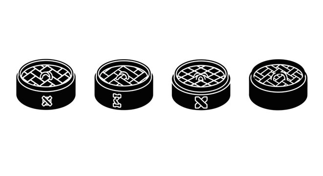 Four black circular objects with grid patterns and symbols, isolated on white background.