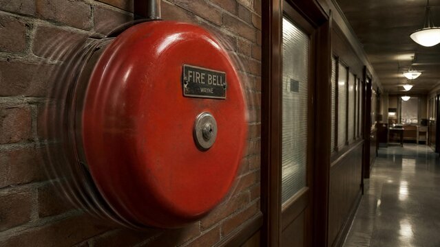 Vintage Red Fire Alarm Bell Ringing on a Brick Wall in a Building Corridor