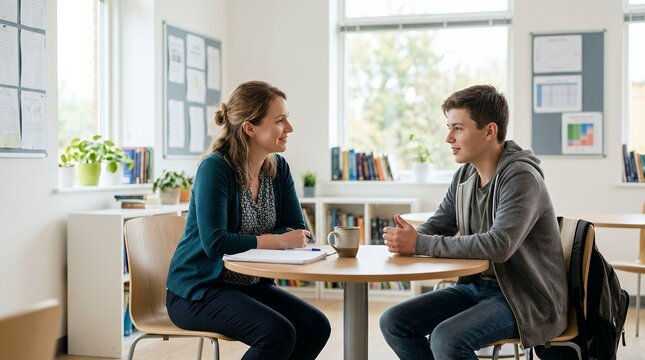 A woman and a young man smiling and talking at a round table in a bright, modern study room, possibly a tutoring session or mentorship meeting.