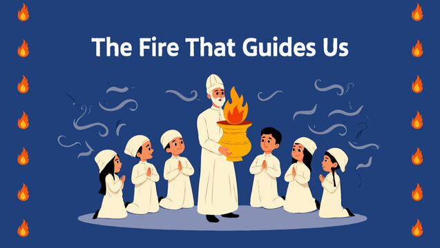 Zoroastrian priest leading children in a fire ceremony with spiritual guidance