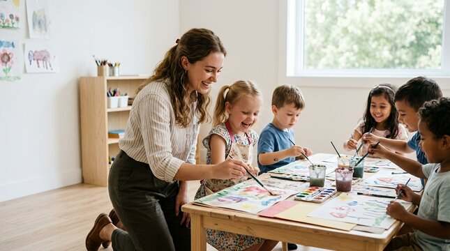 A smiling female teacher helps a group of diverse young children paint colorful pictures at a table in a bright classroom.
