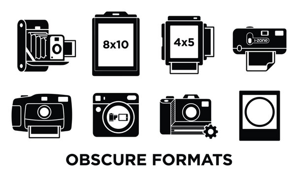 Obscure photography formats and vintage camera equipment illustrated with bold black icons on white.