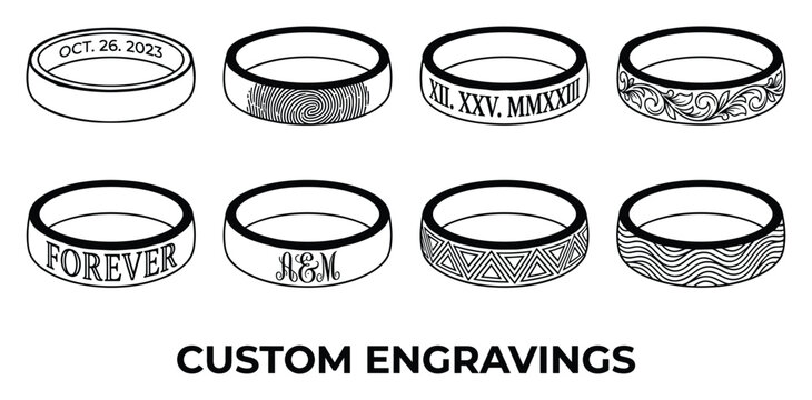 Outline set of custom engraved wedding rings featuring diverse designs and inscriptions on white background.