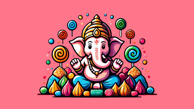 Illustration lord ganesha with sweets and colorful background