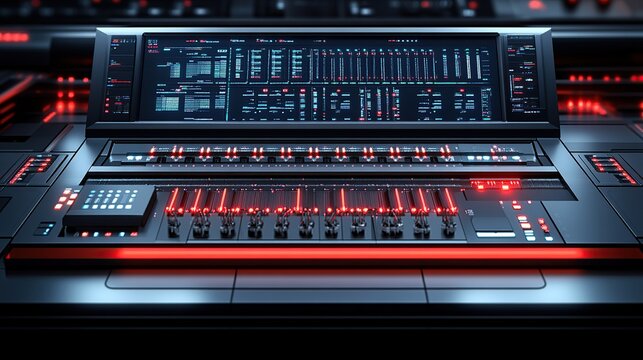 High-tech professional audio mixing console illuminated with blue and red LEDs and extensive fader arrays that span the desk