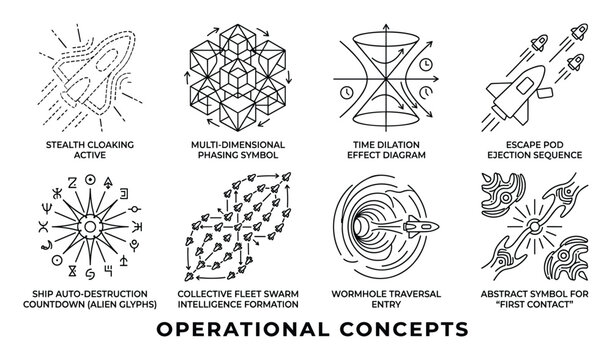 Set of eight sci fi operational concept icons featuring spacecraft maneuvers in clean line graphics.