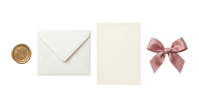 Elegant wedding invitation mockup with envelope and bow, isolated on transparent background