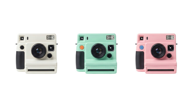 Retro instant film cameras in pastel colors, isolated on transparent background
