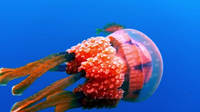 Golden jellyfish drifting through blue water at Sohoton Jellyfish Sanctuary Philippines as small fish swim alongside in stunning clear water