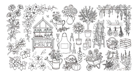 Obraz premium Hand drawn garden line art collection, vintage botanical floral vector set, gardening tools and greenhouse illustrations for coloring or wedding decor