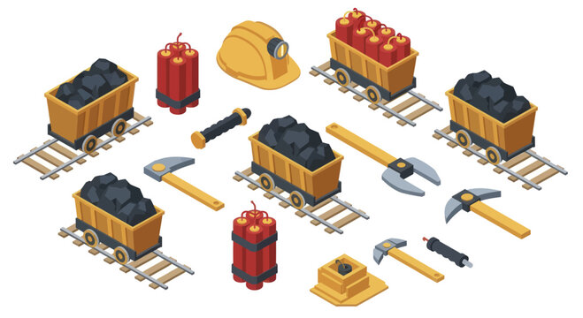 Isometric mining equipment set with coal wagons, tools, and dynamite for resource extraction.