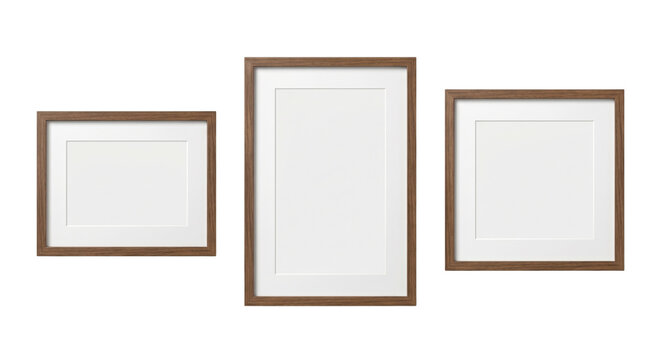 Empty wooden picture frames with white matting, isolated on transparent background