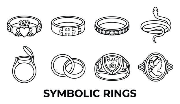 Symbolic rings collection featuring claddagh engagement puzzle band eternity snake and locket rings.