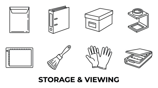 Storage and viewing equipment icons illustration for documents archives and media.