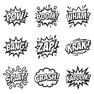 Collection of comic book sound effect words in black and white.