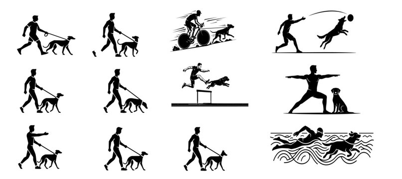 Dog Training Silhouettes Collection Active Pet Owner Sport and Obedience Vector Set
