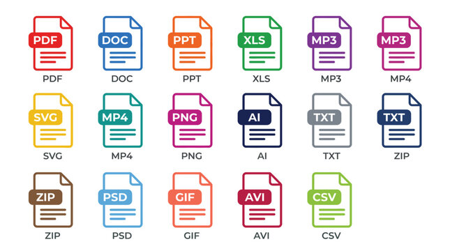 Collection of colorful file format icons