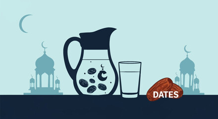 Obraz premium Silhouette vector illustration of a water pitcher containing date fruit and a glass of water, set against a background of mosque architecture and crescent moons for Iftar.